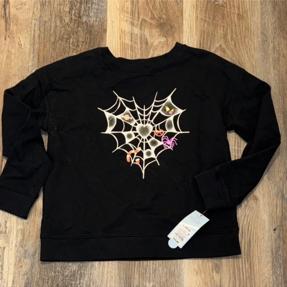 NWT Cat & Jack Black Heart Spiderweb Halloween Sweatshirt Girl's XL (14) New